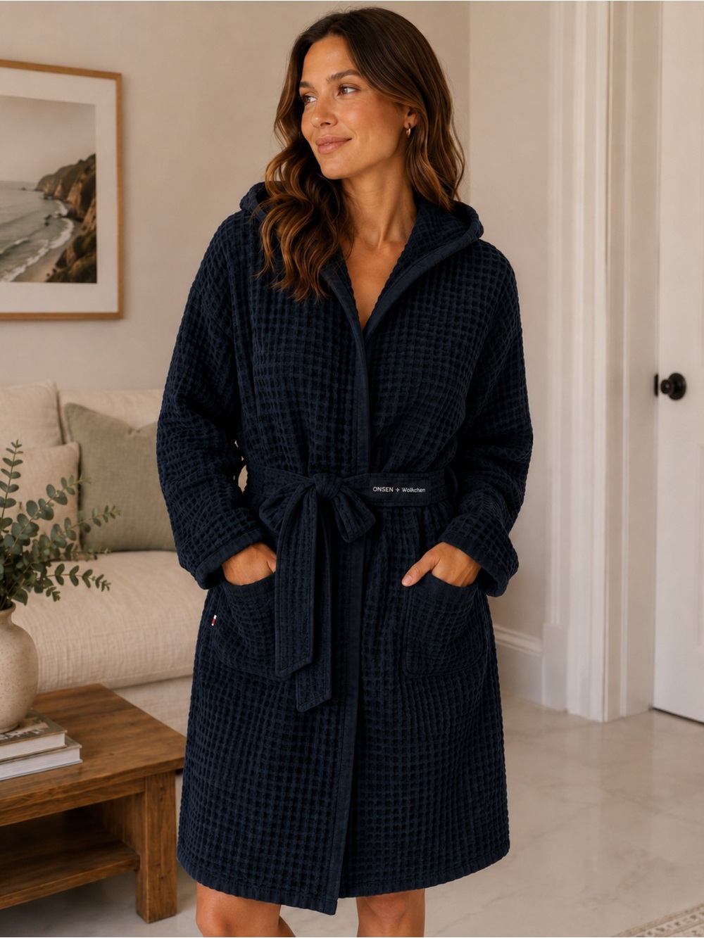 Onsen Huckberry Cozy Hooded Waffle Robe in Navy - Women's Luxe Loungewear